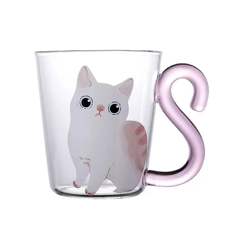 Cute Creative Animal Cat Borosilicate Glass Tea Milk Coffee Cup With Tail Handle