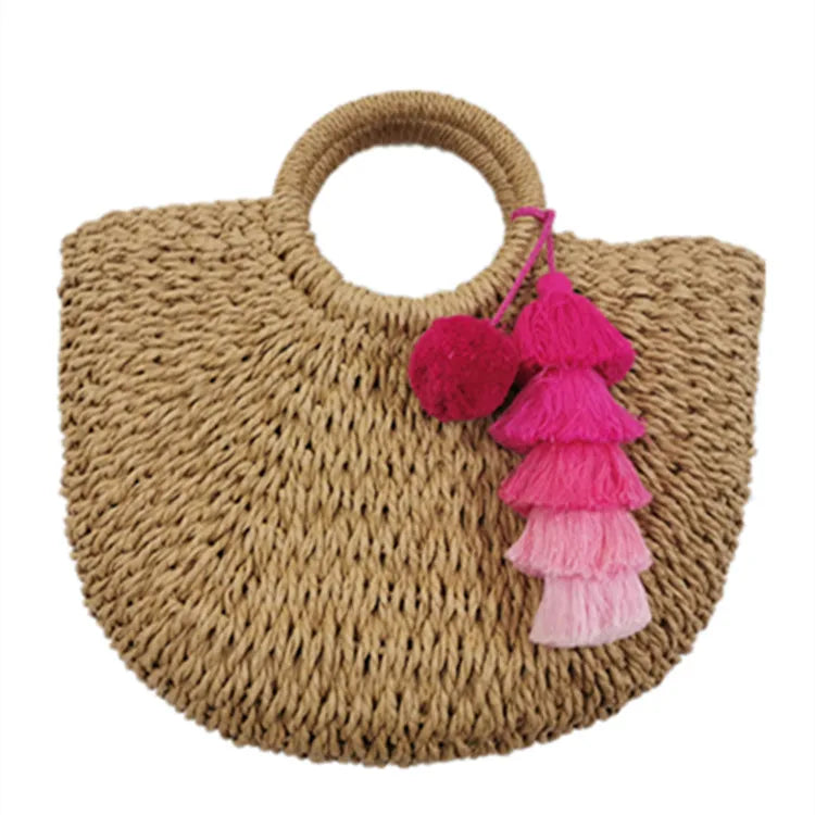 Handmade Customizable Promotional Tote Bag Beach Straw Basket with Pompom Tassel for Marketing and Branding