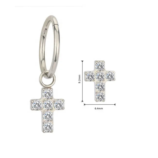 Titanium CZ Cross Dangle Hinged Segment Ring Hoop Earrings Fashion Body Jewelry for Children Orthodox Main Stone Zircon