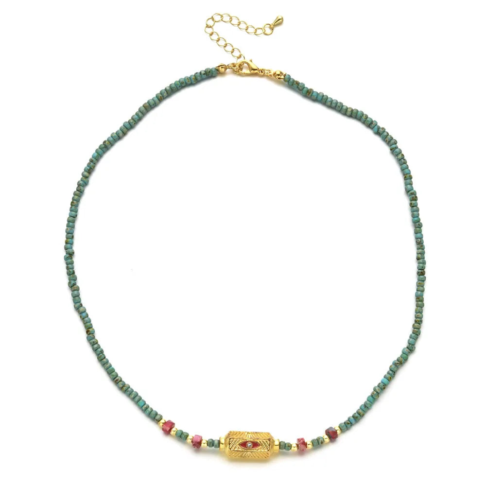 Fashion Retro Natural Turquoise Bead Necklace Rice Beads Choker Gold Plated Eye Pendant Necklace Jewelry for Women