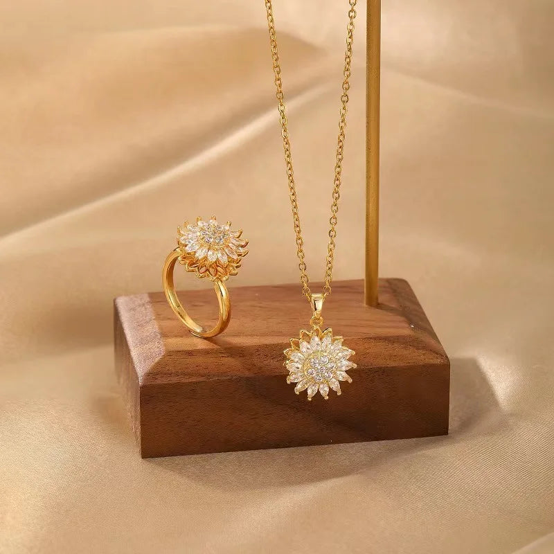 2023 Popular Double Layer Fidget Necklace Rotating Relieve Anxiety Zircon Sunflower Necklace Ring Earrings for Girls Women