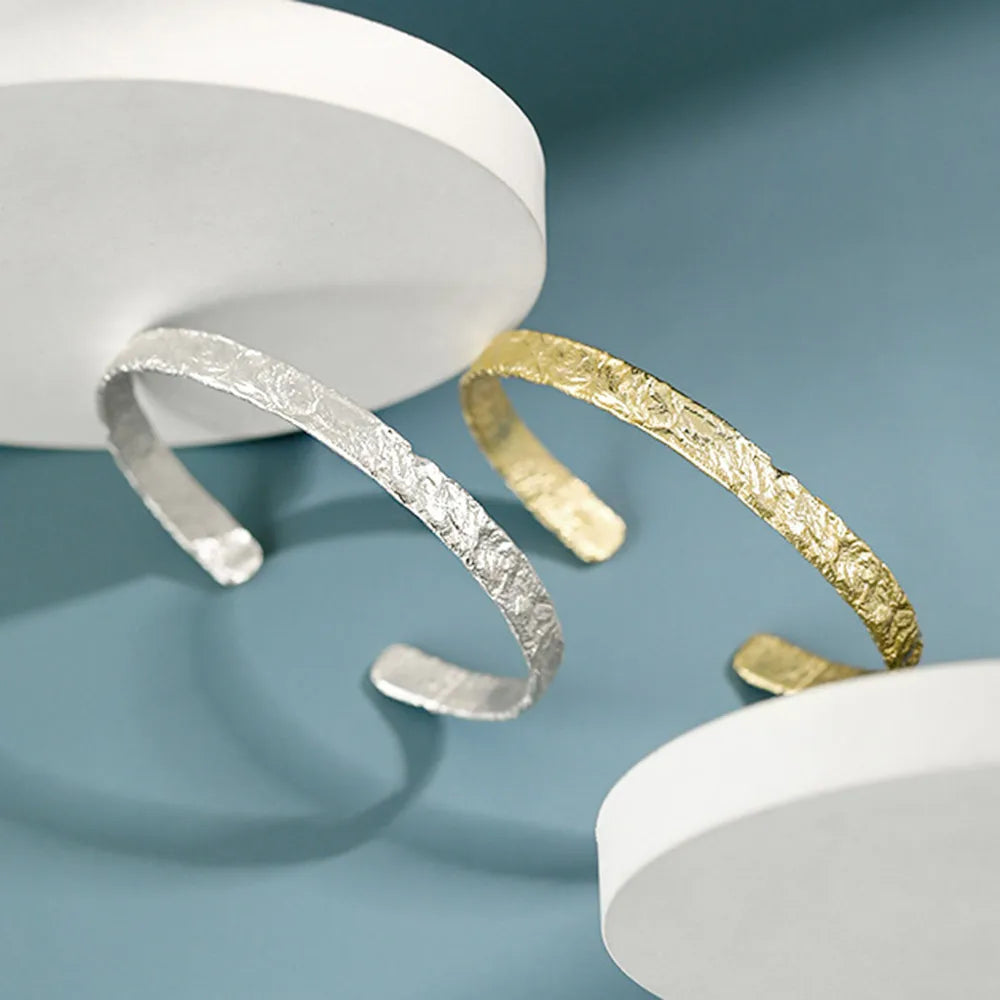 FUAMAY 925 Silver Bangle Open Wide Wire Gold Wrist Cuff Pulsera De Puno Para Mujer Pleated Bangles Vintage Women Bangles