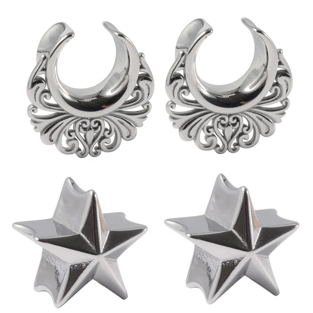Wholesale 8-16mm Stainless Steel Star Moon Ear Plugs Gauges Piercing Jewelry Earring Tunnels Stretchers-for Wedding Gift