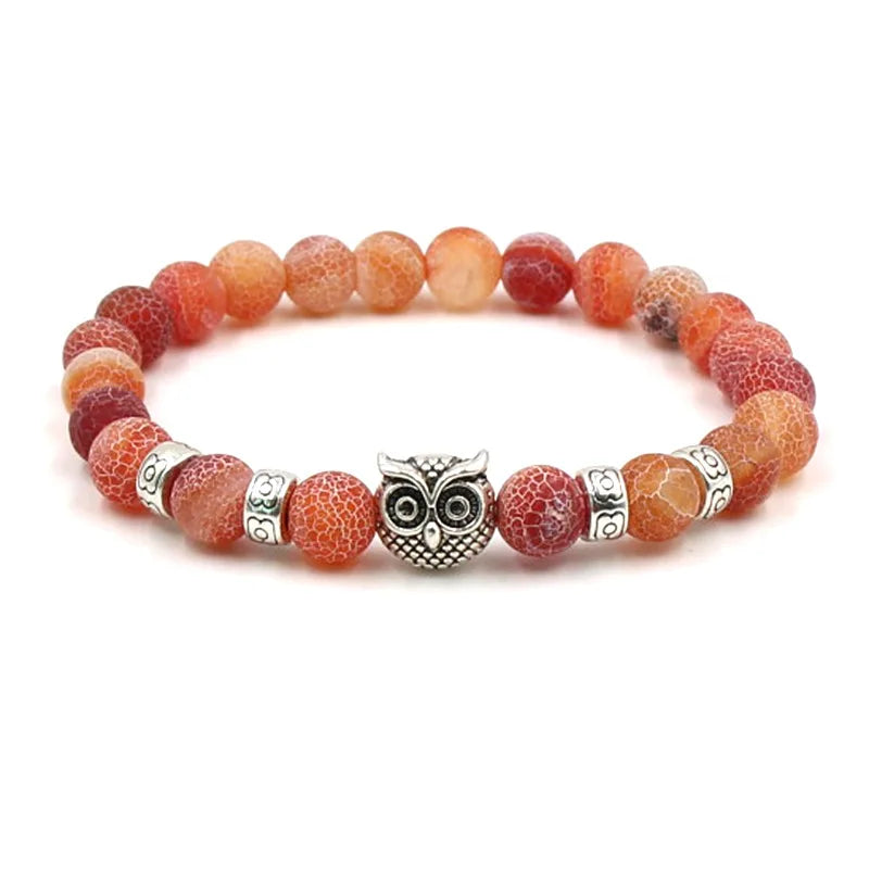 Bohemian Style 8 mm Grey Black Weathered Agate Owl Natural Stone for Bracelet for Anniversary Gift