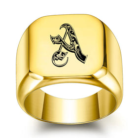 DUYIZHAO Hot Trendy Stainless Steel 18MM Wide Band Gold Men Rings With 26 Alphabet Initial Letters for Gift Daily Wear