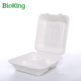 BioKing Hot Sale Leak-Proof 9x9inch Clamshell 3-Compartment Long Box Cover Packaging for Rice Paper Bowl Made Bamboo Bagasse