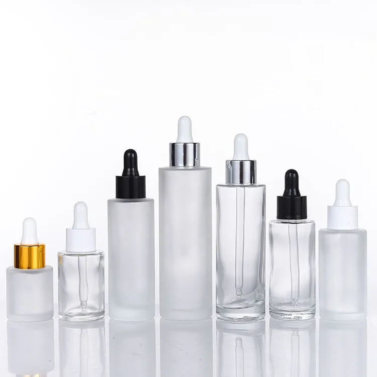 20ml 30ml 40ml 50ml 60ml 80ml 100ml Flat Shoulder clear Transparent Frosted Essential Oil Gold Silver Dropper Glass Bottle