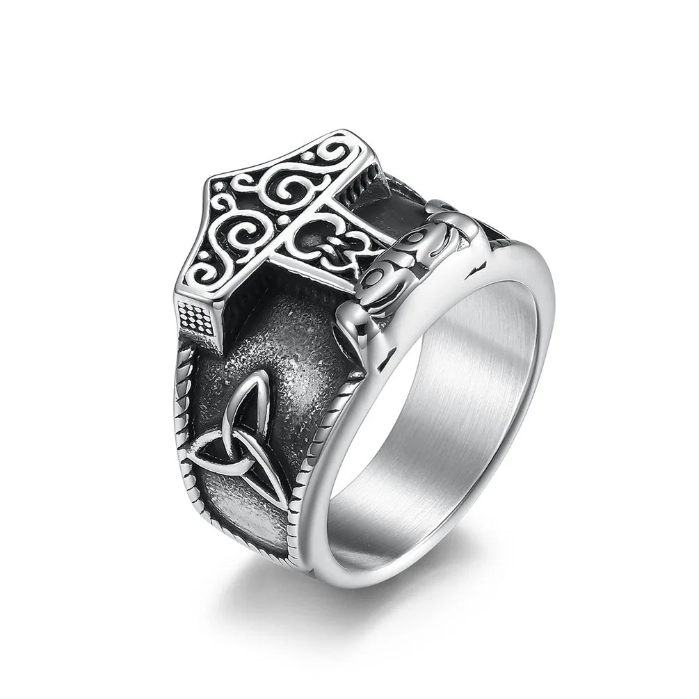 New Mens Nordic Jewelry Stainless Steel Celtic Knot Thor Hammer Ring