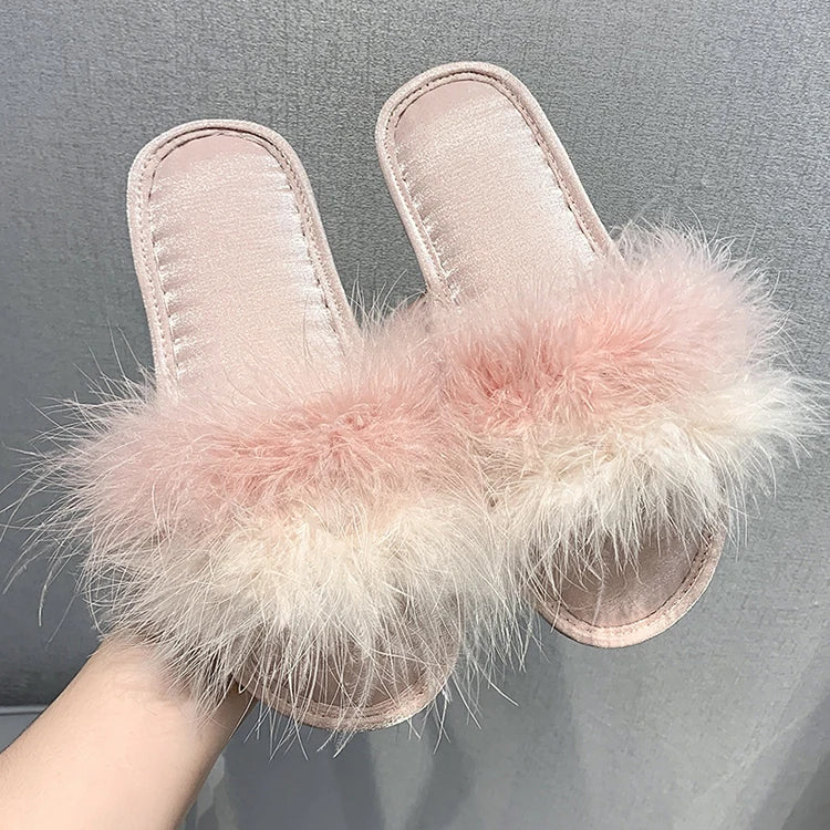 Fashion Fluffy Feather One Strap Open Toe Winter Summer Fur Bridesmaid Bride for for Women