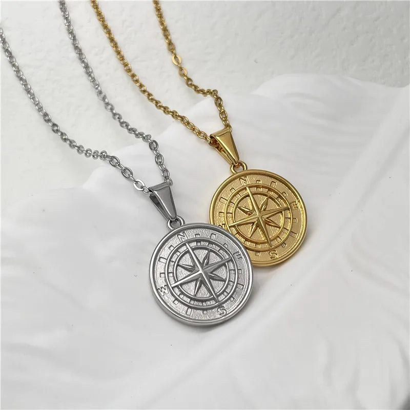 Vintage Trendy 18K Gold Plated Stainless Steel Compass North Star Pendant Necklace for Men-Nickel-Free Anniversary Engagement