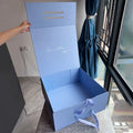 Blue Foldable Paper Gift Box Packaging With Ribbon Handle for Luxury Handbag Bags