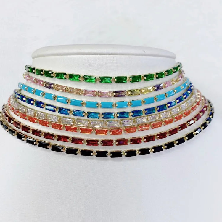 Dainty Minimalist 18k Gold Plated Colorful CZ Diamond Zircon Baguette Paved Tennis Necklace and Bracelet Jewelry Set