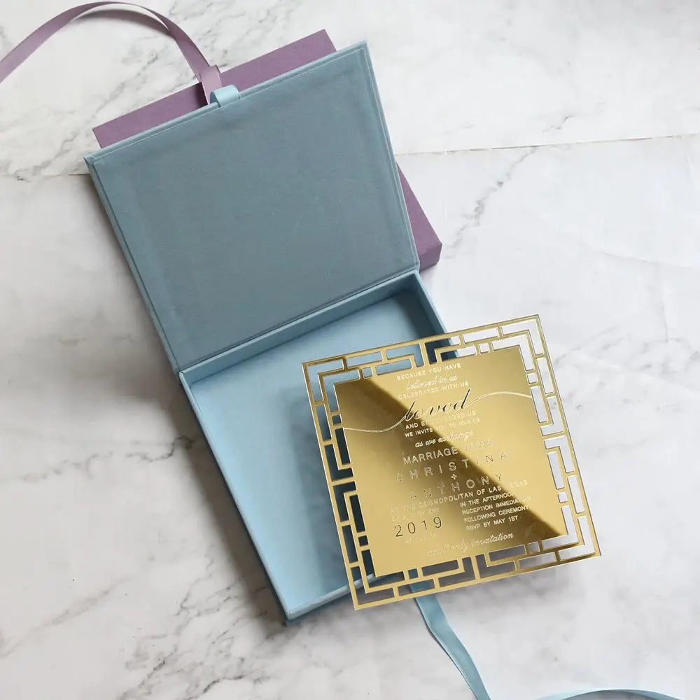 Square Shape Gatefold Velvet Wedding Gift Boxes Set Wedding Invitations Elegant Mariage Card with Ribbon and Pearl Decoration
