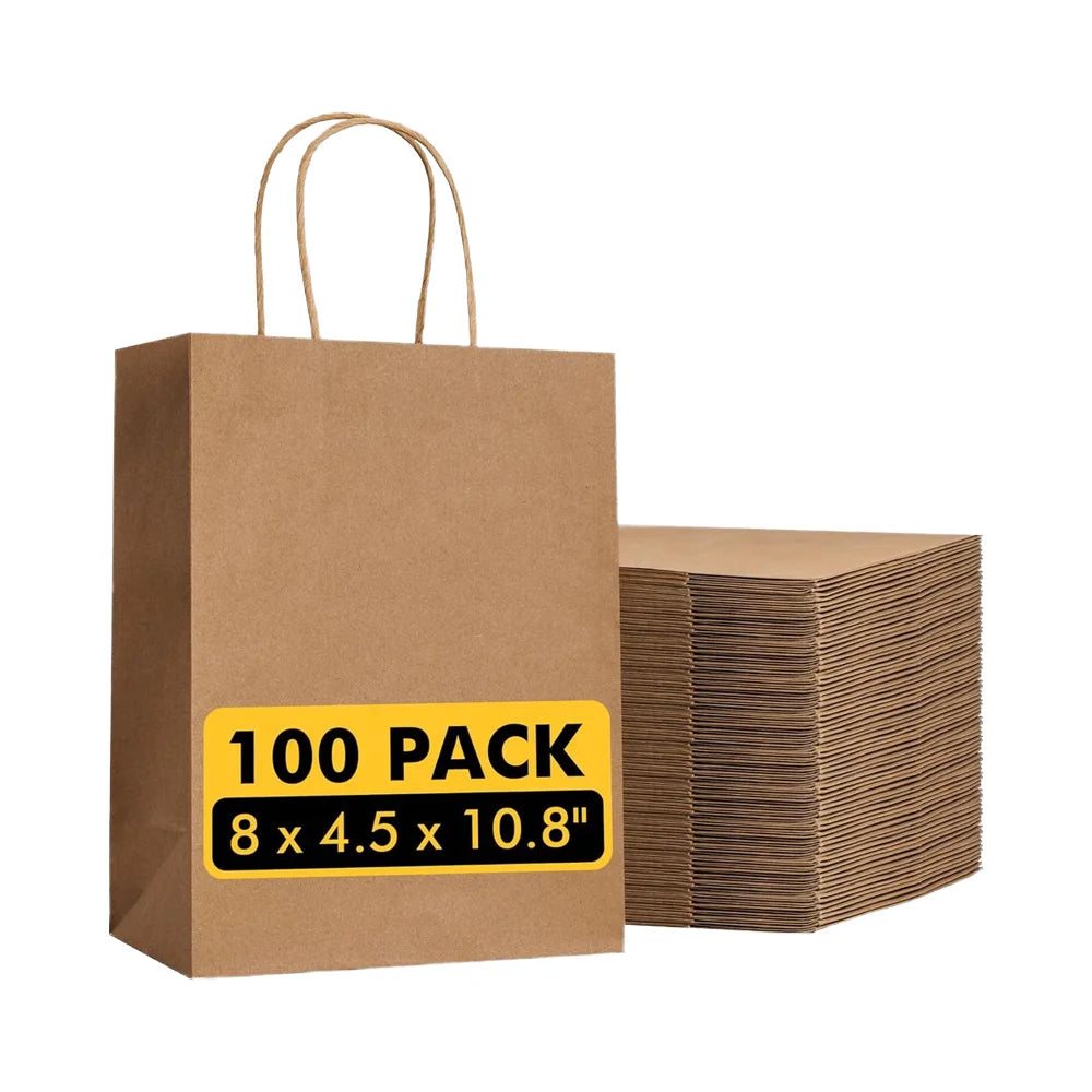 YS Bulk 100pcs Biodegradable Eco-Friendly Reusable Classic Brown Kraft Paper Bags Gravure Printed Patch Handles Exhibition