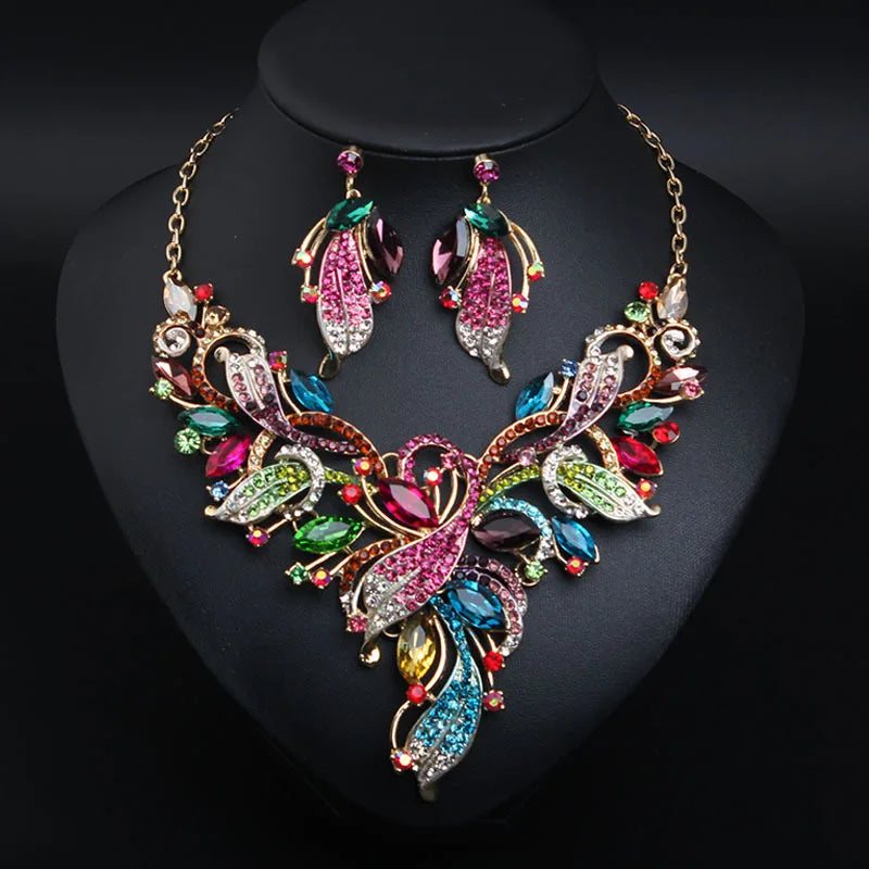 XL175 Luxurious Rhinestones Flower Jewelry Set Women Flower Crystal Necklace Earrings Set for Wedding