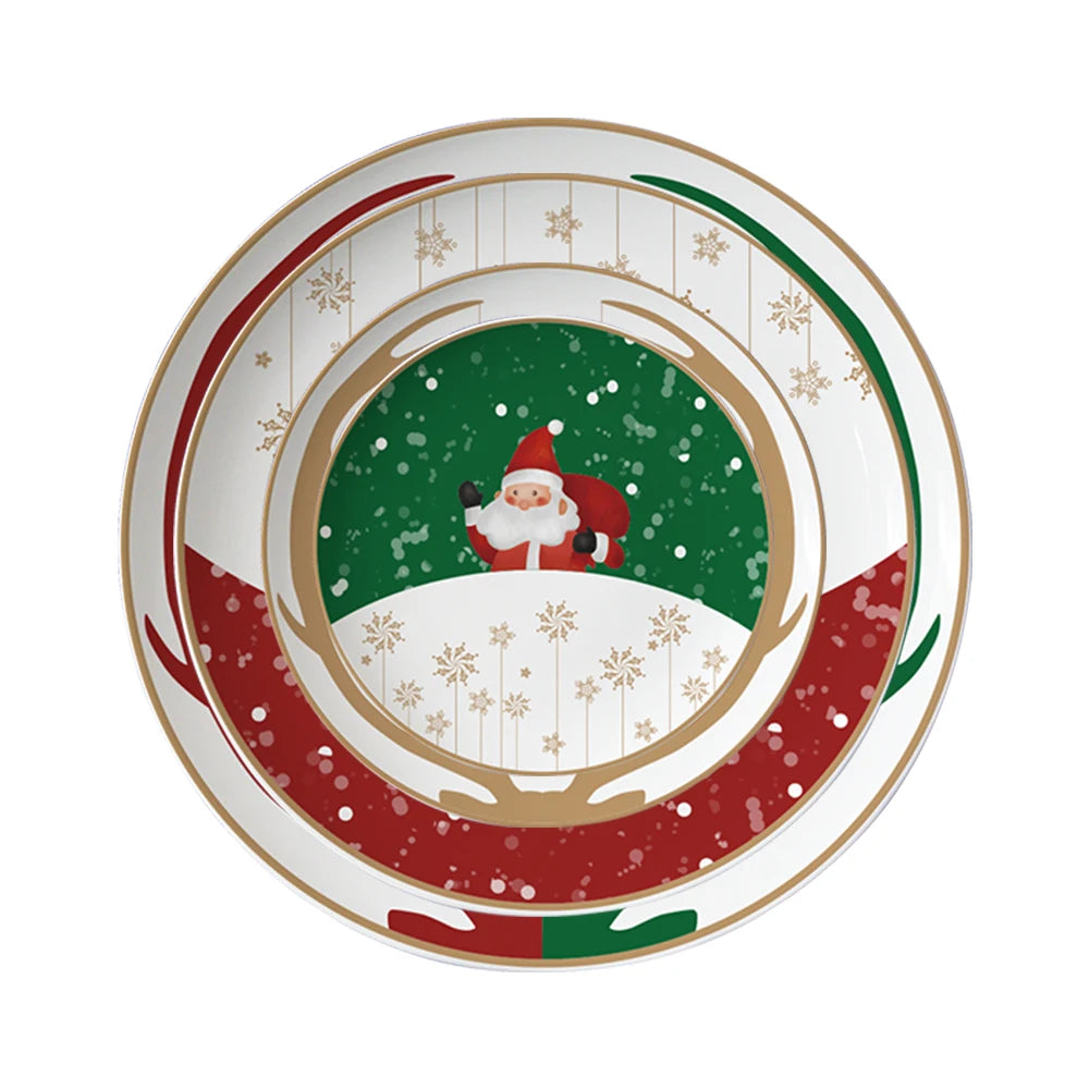 Wholesale Ceramic Traditional Christmas Decal Pattern Porcelain Tableware Plate Set