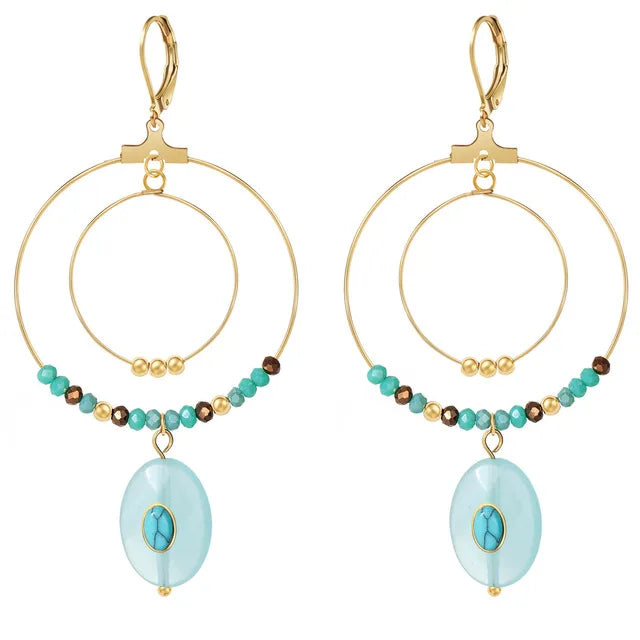 Quality Hand Crafted Boutique Stainless Steel Metal Summer must Have Chic Turquoise Hoop Dangle Earring Statement Earring