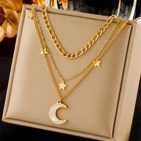 18 K Gold Plated High Quality 316 Stainless Steel Three Layer Chain Star Moon Necklaces for Women
