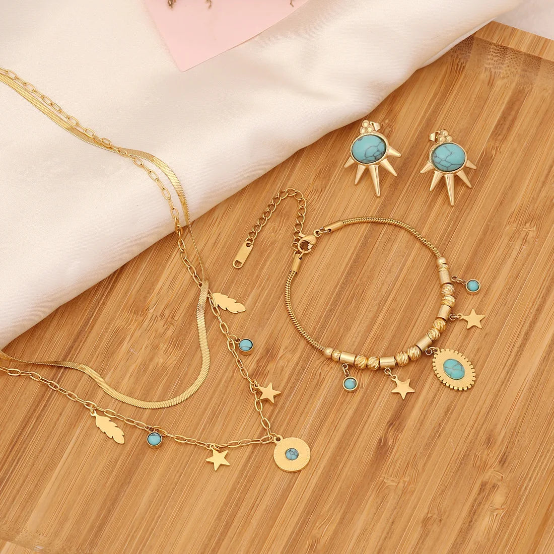 TongLing Retro Boho Stainless Steel Jewelry Star Leaf Bohemian Turquoise Set for Women Dropship