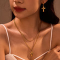 Custom 18K Gold Plated Double Layer Link Stainless Steel  Natural Stone Cross Pendant Necklace Earring Fashion Jewelry Set