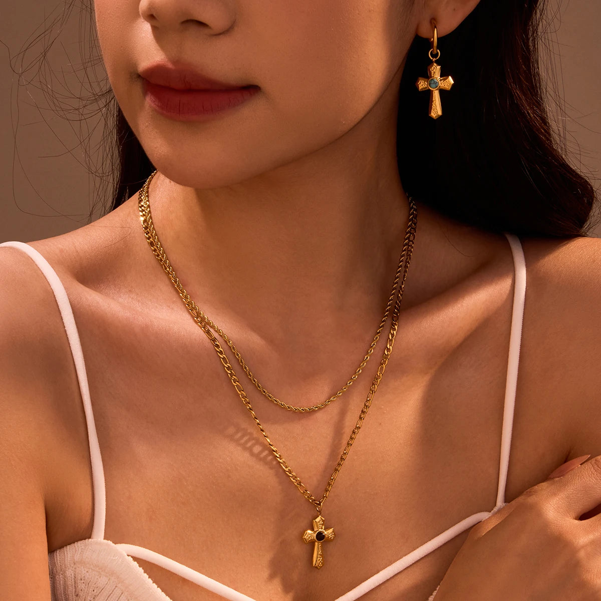Custom 18K Gold Plated Double Layer Link Stainless Steel  Natural Stone Cross Pendant Necklace Earring Fashion Jewelry Set