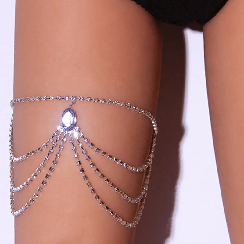2022 New Elastic Crystal Multi-layer Chains Adjustable Gold Plated Thigh Leg Chain Women Jewelry Gold Tassels Sexy