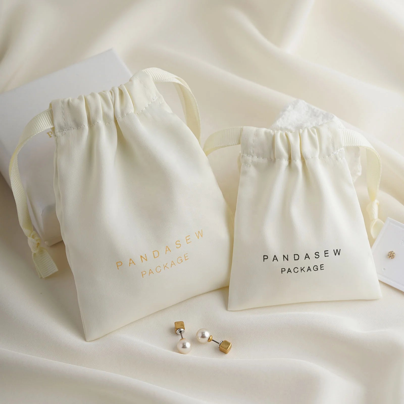 PandaSew Luxury Beige Dense Silk Satin Bag Jewelry Package Gift Pouch Drawstring Bag with Custom Logo