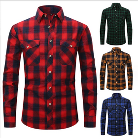Men's Long-sleeved Double-pocket Flannel Shirt With Brushed Plaid