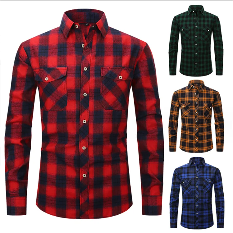 Men's Long-sleeved Double-pocket Flannel Shirt With Brushed Plaid