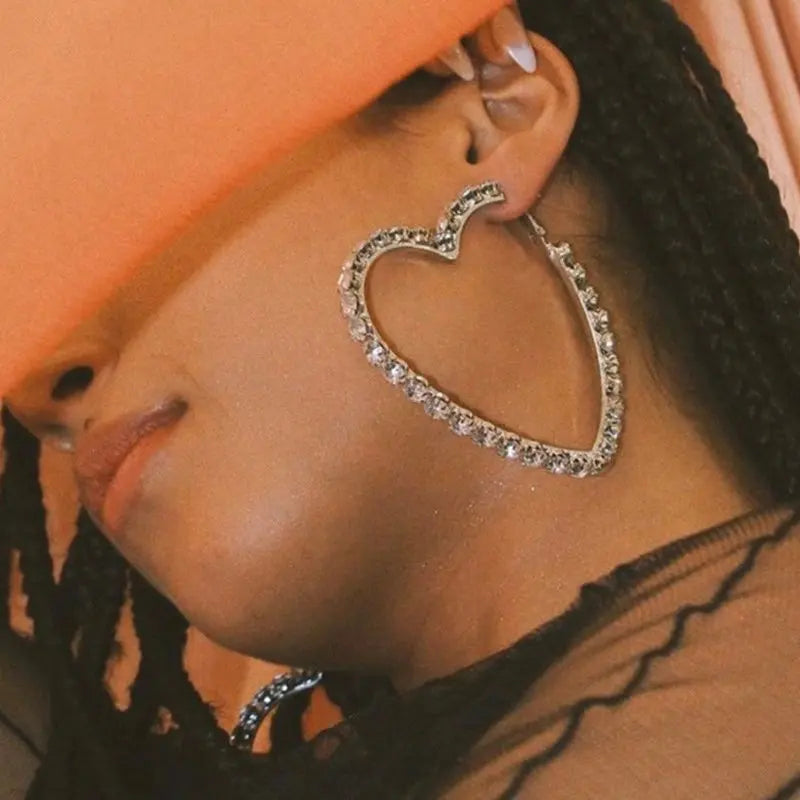 Fashion Women Jewelry Gold Plated Brass Crystal Rhinestone Earrings Exaggerated Hoop Heart Earring
