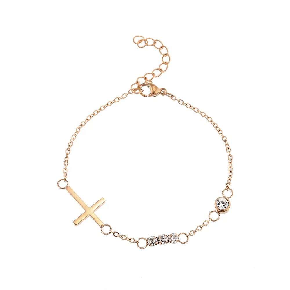 Newest QYRY Stainless Steel Faith Cross Charm Bracelets Unisex Classic Style Claw Setting Gold Plated Zircon Main Anniversary