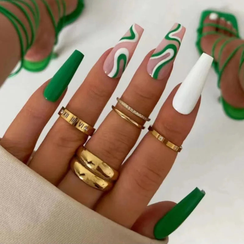 24PCS Fake Nails Long Coffin Wave Press on Nails Ballerina Acrylic Full Cover False Nails for Women and Girls