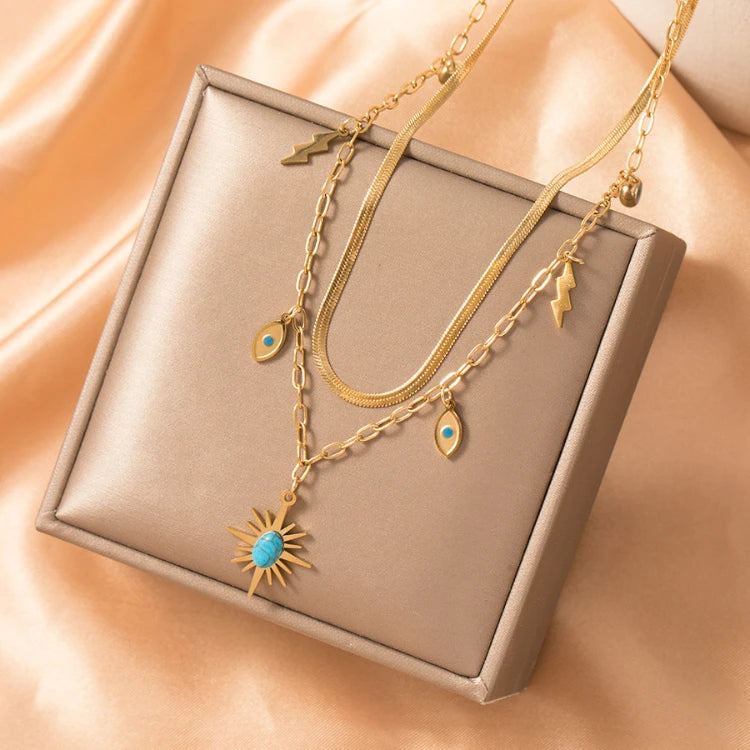 Y085 18k Gold Plated Jewelry Stainless Steel Ladies Double Layered Devil Eyes Necklace for Women Turquoise Stone Necklaces