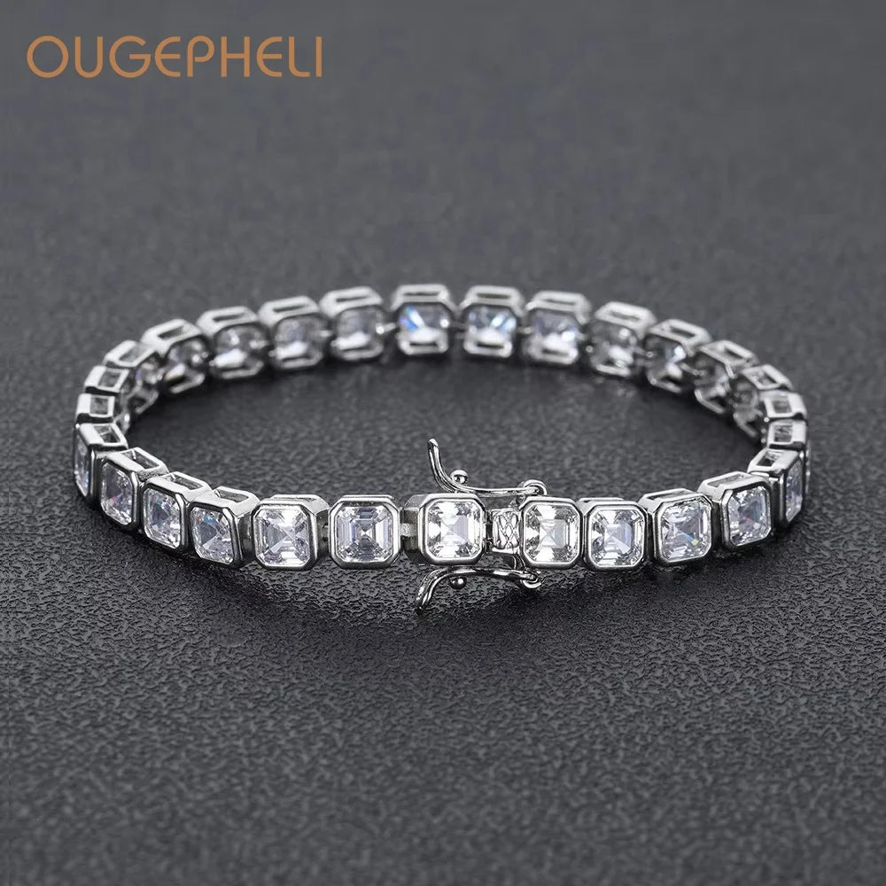 OUGEPHELI 5*5mm Tennis Chain Bracelet Necklace Iced Out CZ Cubic Zirconia Zircon Gold Plated Brass Hip Hop Jewelry