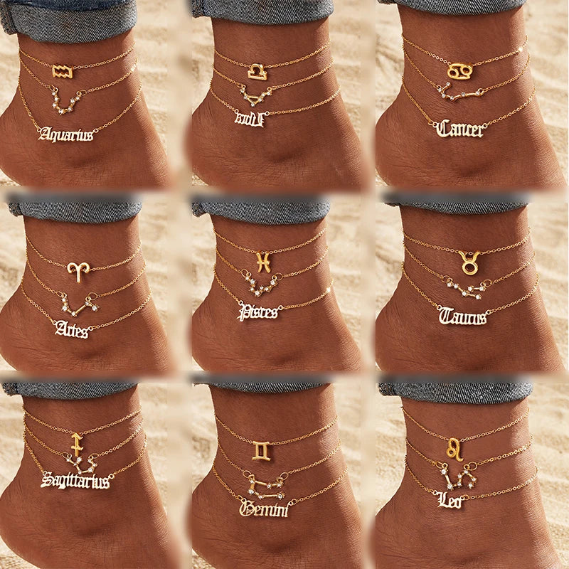 3Pcs/Set 12 Horoscope Pattern Letter Zircon Anklet Set for Women Jewelry