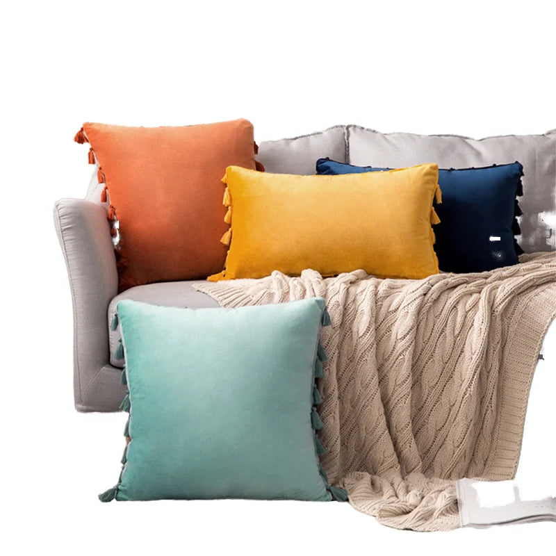Wholesale Tassels Fringe Lumbar Throw Velvet Pillowcase Pillow Cushion Covers Cases 18 X 18 Inch Zipper Design