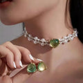New Fashion Pearl Green Opal Earrings and Choker Necklace Elegant Wedding Party Jewelry Set for Women
