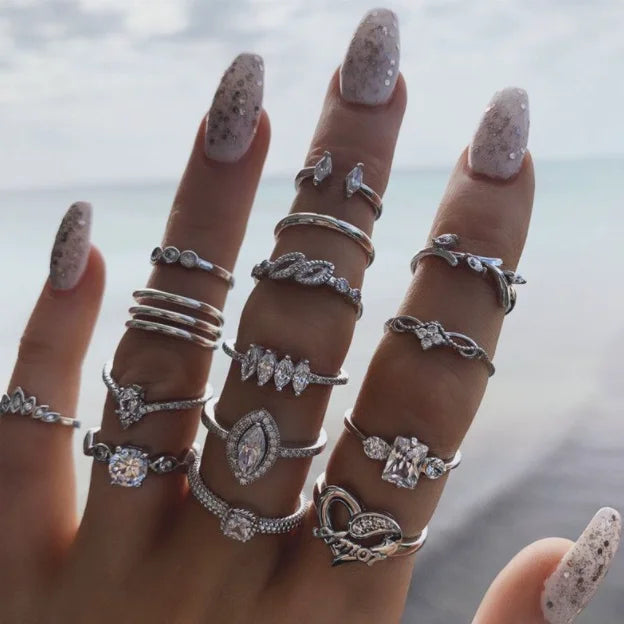 15PCS/Set Bohemian Heart Inlaid Crystal White Diamond Joint Rings Set for Women Finger Wholesale Jewelry Gifts