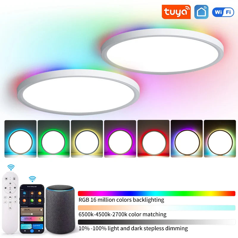 Ambient Lighting Fixture TUYA WIFI 3000K-6500K Smart Ceiling Light RGB Backlight LED Flush Mount Ceiling Light with Remote