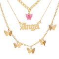Top Selling Necklace Personalized Metal Letter Pendant Acrylic Pink Butterfly Three-Layer Neck Chain Set