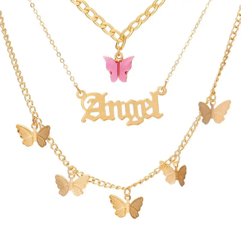 Top Selling Necklace Personalized Metal Letter Pendant Acrylic Pink Butterfly Three-Layer Neck Chain Set
