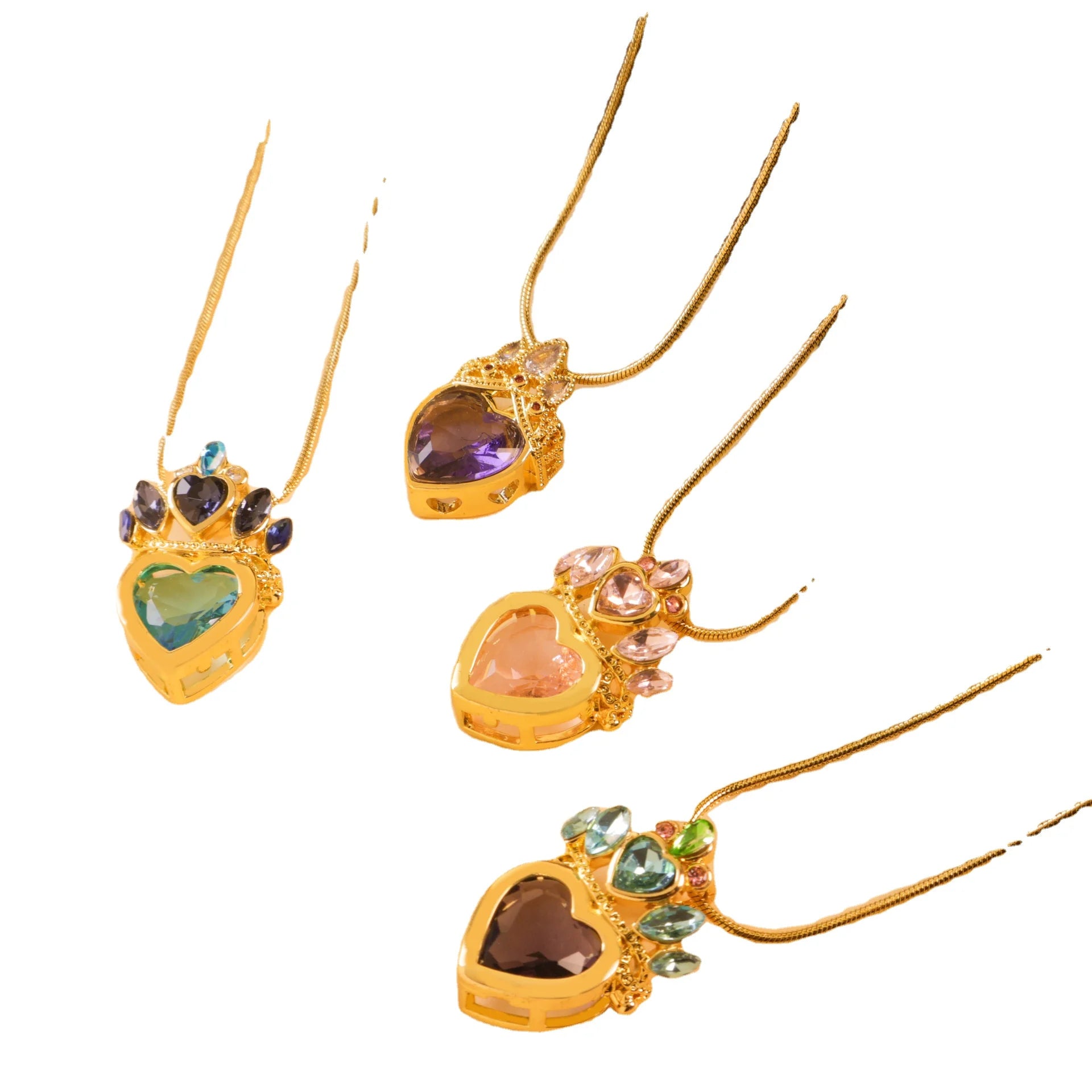 Fashion Women Crown Multicolor Hollow Heart Zircon Pendant Peach Heart Women's Necklace