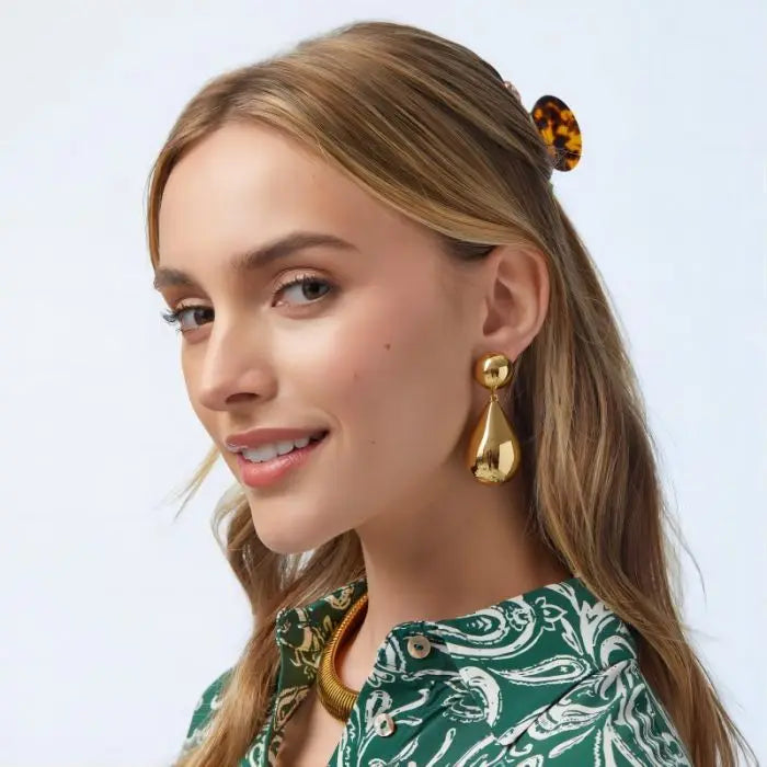 18K Gold & Stainless Steel Chubby Water Drop Stud Earrings Vintage Statement Jewelry for Party Fashion