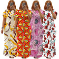 N7976 Trendy Summer Plus Size Women Dresses Casual Elegant Stand Collar Short Sleeve Split Long Dress Women Printed Shirt Dress