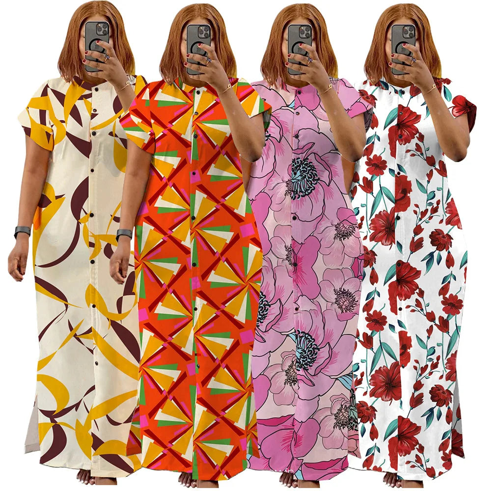 N7976 Trendy Summer Plus Size Women Dresses Casual Elegant Stand Collar Short Sleeve Split Long Dress Women Printed Shirt Dress