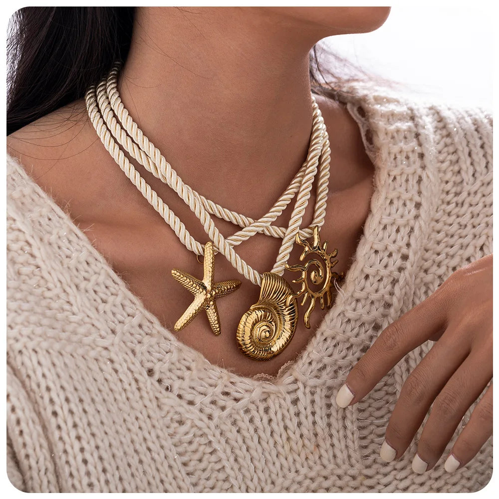 New Bohemia Summer  316L Stainless Steel 14K PVD Gold Plated Shell Charms Necklace Trendy Link Chain for Women