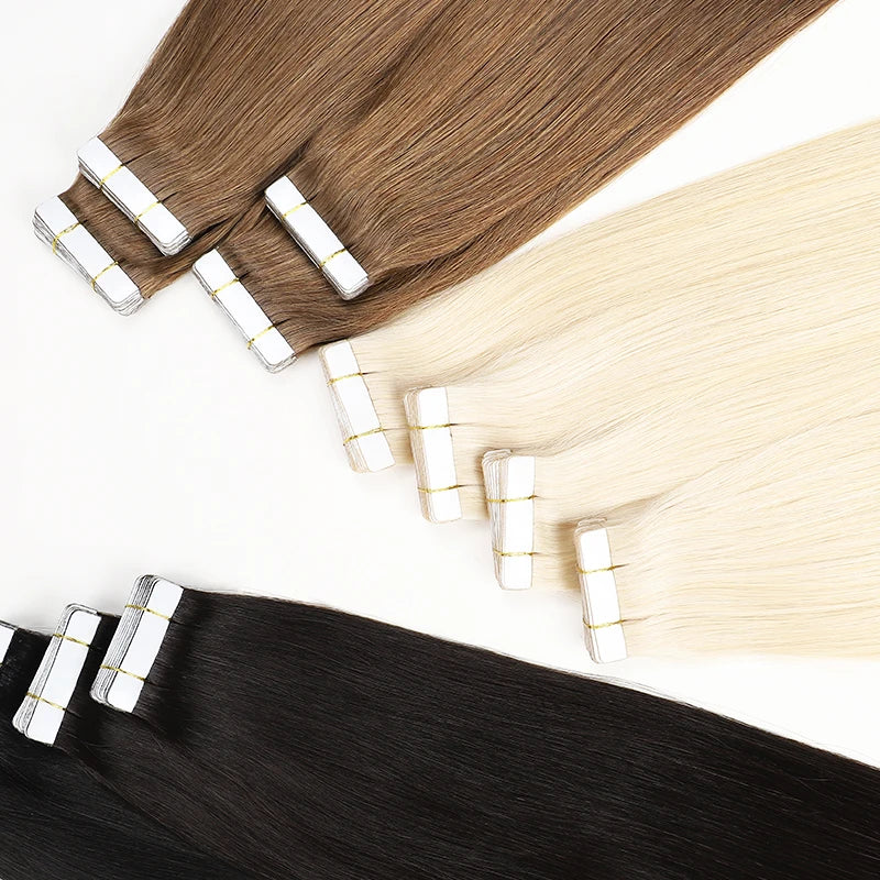 Tape in Hair Extensions 100human Hair Russian Raw 100% Remy Human Virgin Straight 1b Double Drawn Invisible Tape Hair Extension