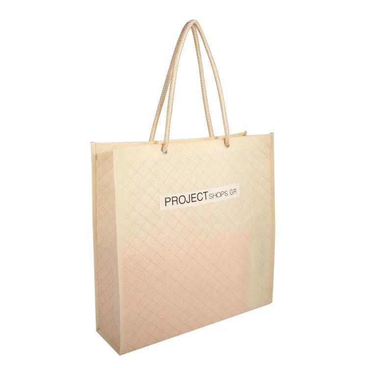Non Woven Designer Brand Custom Quilted Tote Bag Beige PersonnalisÃ© logo with Ropes