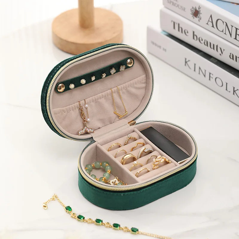 Handmade New Retro Oval Jewelry Box with Zipper Single Layer Simple Ring Necklace Earrings Velvet Storage Box