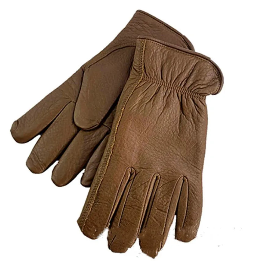 Autumn and Winter Deerskin Brown Retro Riding Gloves Plus Velvet Warm and Wear-resistant Motorcycle Gloves